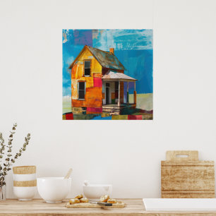 Haus aus einer Collage von Stücken und Texturen Poster