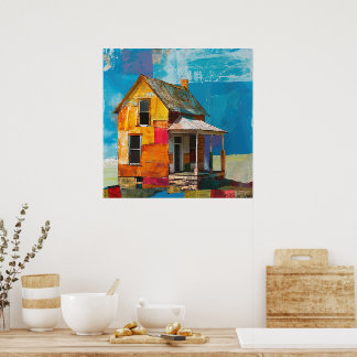 Haus aus einer Collage von Stücken und Texturen Poster