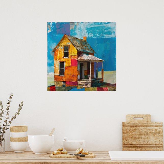 Haus aus einer Collage von Stücken und Texturen Poster (Küche)