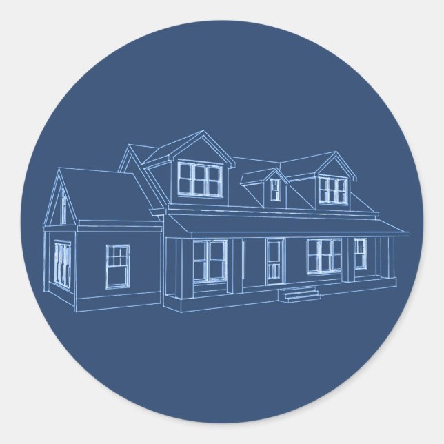 Haus: Blue Print Zeichnend: Runder Aufkleber (Vorderseite)