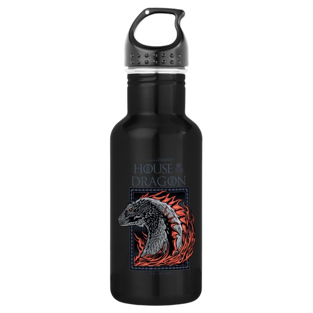 HAUS DES DRAGONS | Drachenprofil in Flammen Edelstahlflasche (Vorderseite)