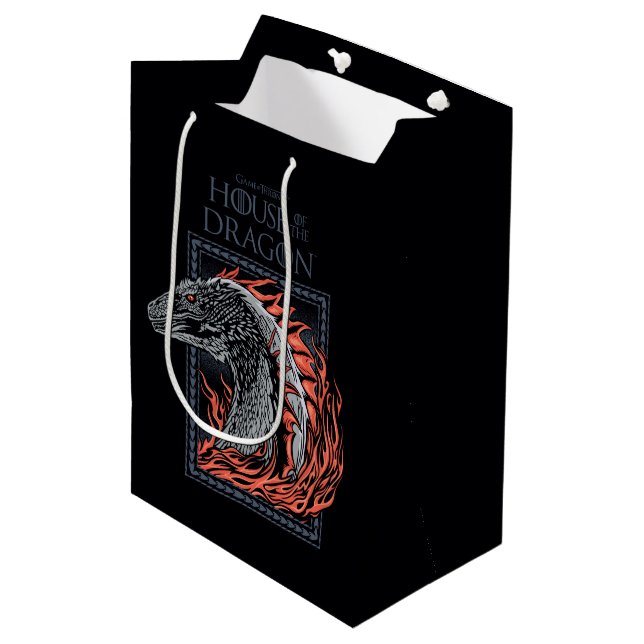 HAUS DES DRAGONS | Drachenprofil in Flammen Mittlere Geschenktüte (Vorderseite Schrägansicht)