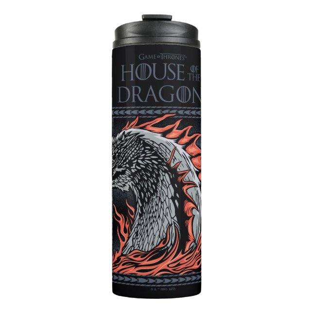 HAUS DES DRAGONS | Drachenprofil in Flammen Thermosbecher (Vorderseite)