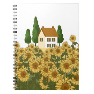 Haus, hohe Bäume und ein Feld von Sonnenblumen in Notizblock