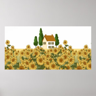 Haus, hohe Bäume und ein Feld von Sonnenblumen in Poster