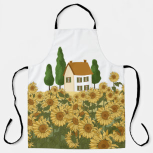 Haus, hohe Bäume und ein Feld von Sonnenblumen in Schürze