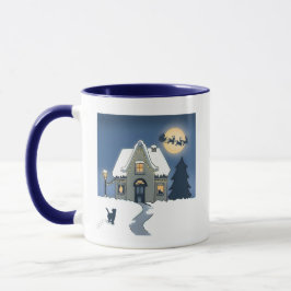 Haus in Snowy Night mit Katze und Santa Tasse