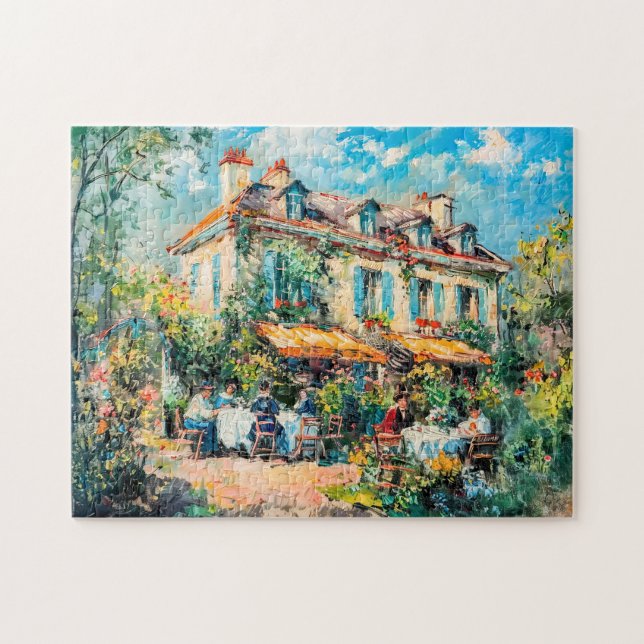 Haus mit Gartentischen und Personen (Horizontal)