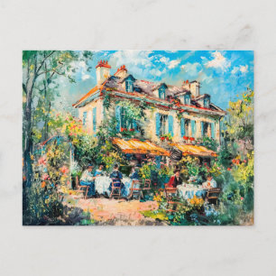 Haus mit Gartentischen und Personen Feiertagspostkarte