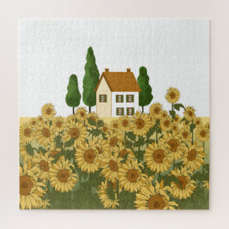 Haus Sonnenblumen Feld Vintage Illustration