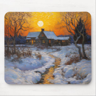 Haus Sunset Winter Landschaft Mousepad
