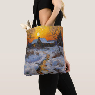 Haus Sunset Winter Landschaft Tasche
