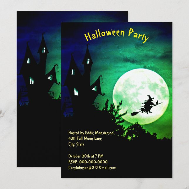 Haus, Vollmond, Hexe, Halloween-Party des grünen H Einladung (Vorne/Hinten)