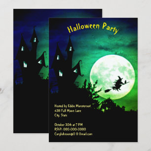 Haus, Vollmond, Hexe, Halloween-Party des grünen H Einladung