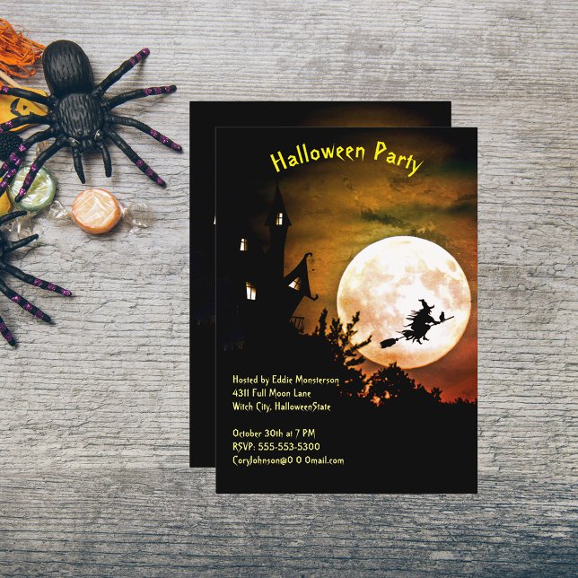 Haus, Vollmond, Hexenhaus Orange Sky Halloween-Par Einladung (House, Full Moon, Witch Orange Sky Halloween Party Invitation)