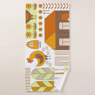 Häuschen, Hühner, geometrisch zeichnend Blumen. Badehandtuch