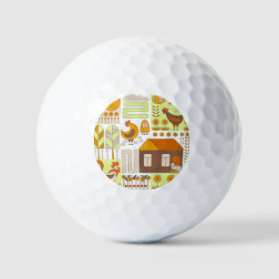 Häuschen, Hühner, geometrisch zeichnend Blumen. Golfball