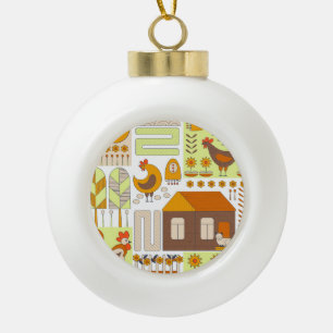 Häuschen, Hühner, geometrisch zeichnend Blumen. Keramik Kugel-Ornament