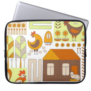 Häuschen, Hühner, geometrisch zeichnend Blumen. Laptopschutzhülle