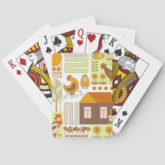 Häuschen, Hühner, geometrisch zeichnend Blumen. Spielkarten (Rückseite)