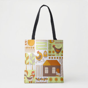 Häuschen, Hühner, geometrisch zeichnend Blumen. Tasche