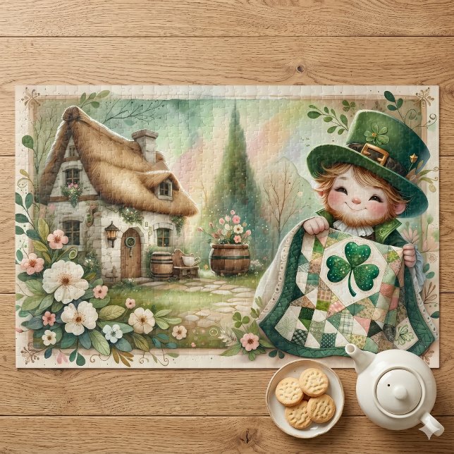Häuschen Kobold Patchwork-Quilt Szene (Cottage Leprechaun Patchwork Quilt Scene Jigsaw Puzzle)