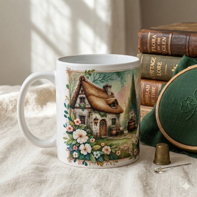Häuschen Kobold Patchwork-Quilt Szene Kaffeetasse (Cottage Leprechaun Patchwork Quilt Scene Coffee Mug)