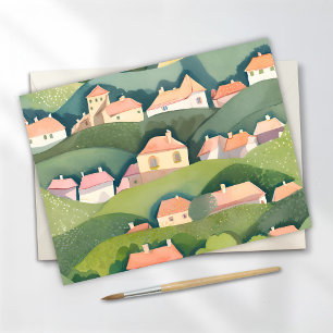 Häuser am Hang   Natur Aquarell Luftige Malerei Postkarte