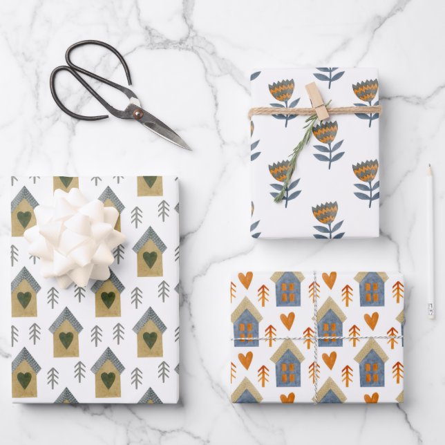 Häuser, Herz und Blume Geschenkpapier Set (Vorderseite)