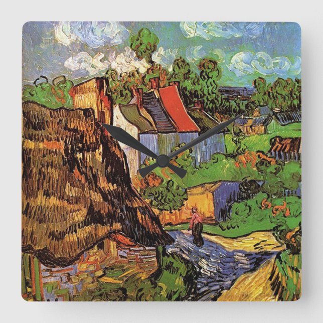 Häuser in Auvers, Schöne Kunst von Vincent van Gog Quadratische Wanduhr (Vorderseite)