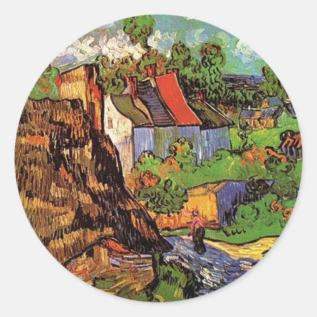 Häuser in Auvers, Vincent van Gogh. Dorf Runder Aufkleber (Vorderseite)