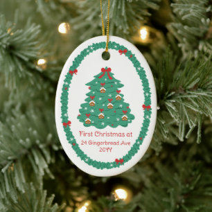 Häuser & Schleifen Baum Erstes Weihnachten Neues Z Keramik Ornament