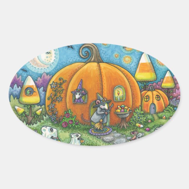 HÄUSER, TRICK ODER LECKEREIEN, HALLOWECKER OVALER AUFKLEBER (Vorderseite)