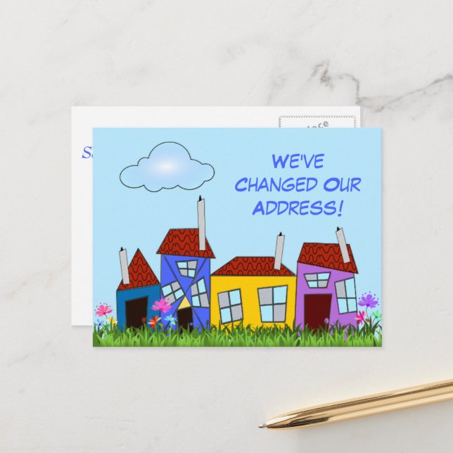 Häuser und Blume "Wir haben uns bewegt" Postkarte (Vorderseite/Rückseite Beispiel)