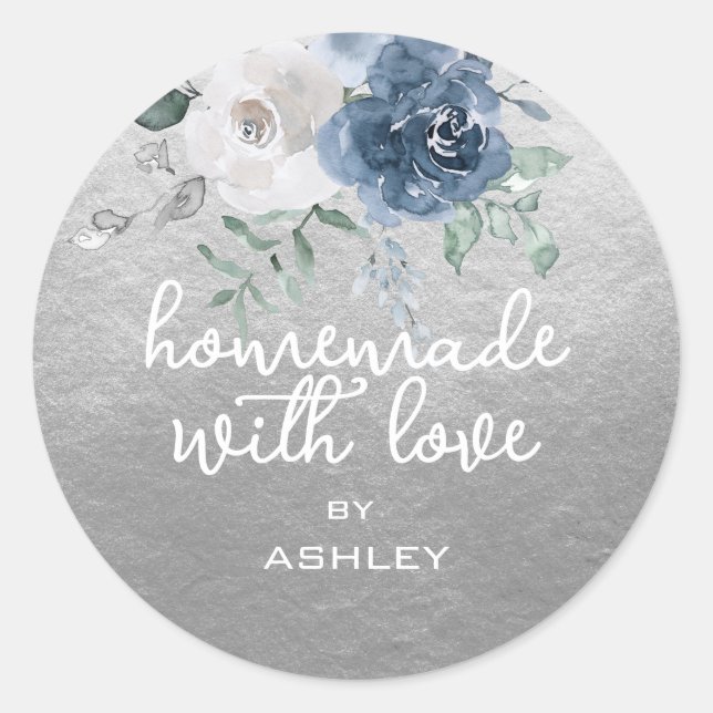 Hausgemacht mit Liebe Floral Blue Rose Silbergesch Runder Aufkleber (Vorderseite)