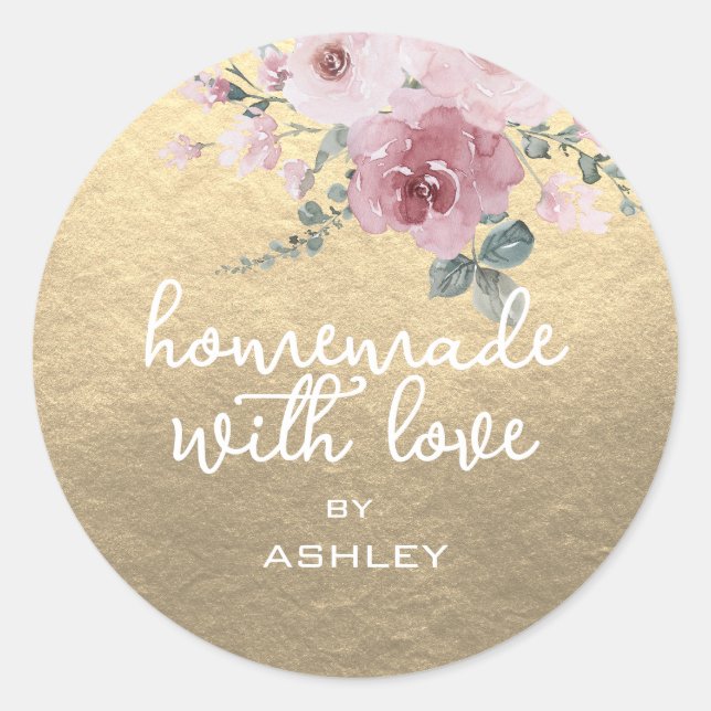 Hausgemacht mit Liebe Floral Rose Gold Geschenk Runder Aufkleber (Vorderseite)