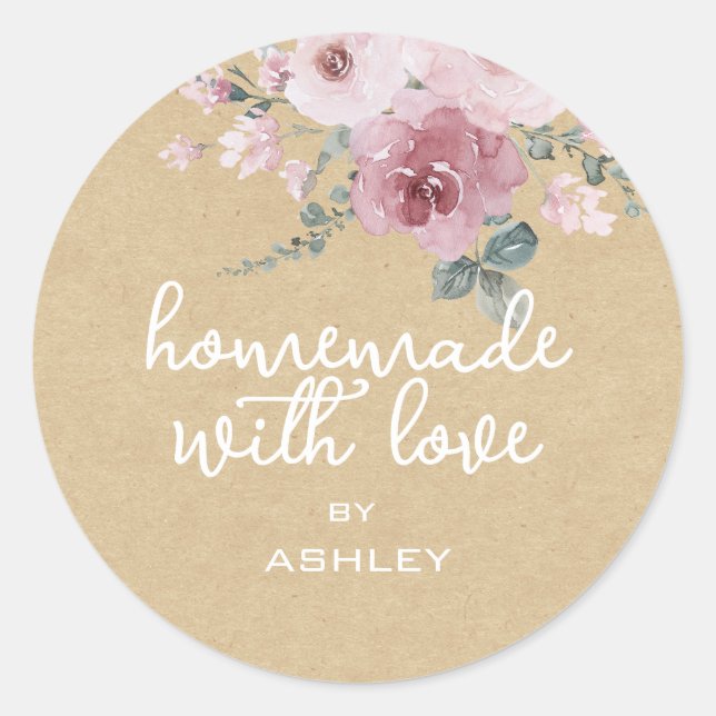 Hausgemacht mit Liebe floral Rose Kraft Papiergesc Runder Aufkleber (Vorderseite)