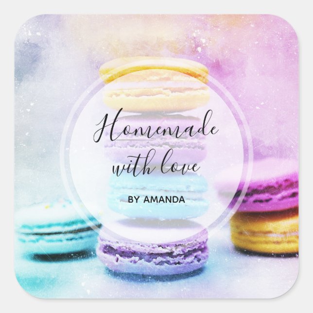 Hausgemacht mit Liebe Foto von farbigen Macarons Quadratischer Aufkleber (Vorderseite)