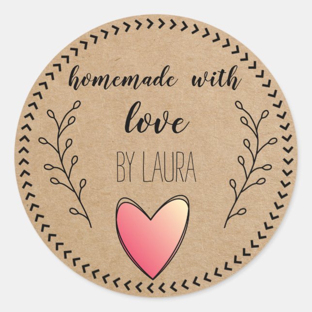 Hausgemacht mit Liebe Heart Kraft Papier kundenspe Runder Aufkleber (Vorderseite)
