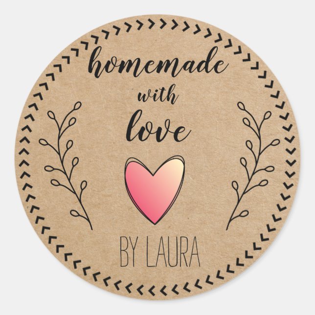 Hausgemacht mit Liebe Heart Kraft Papier kundenspe Runder Aufkleber (Vorderseite)