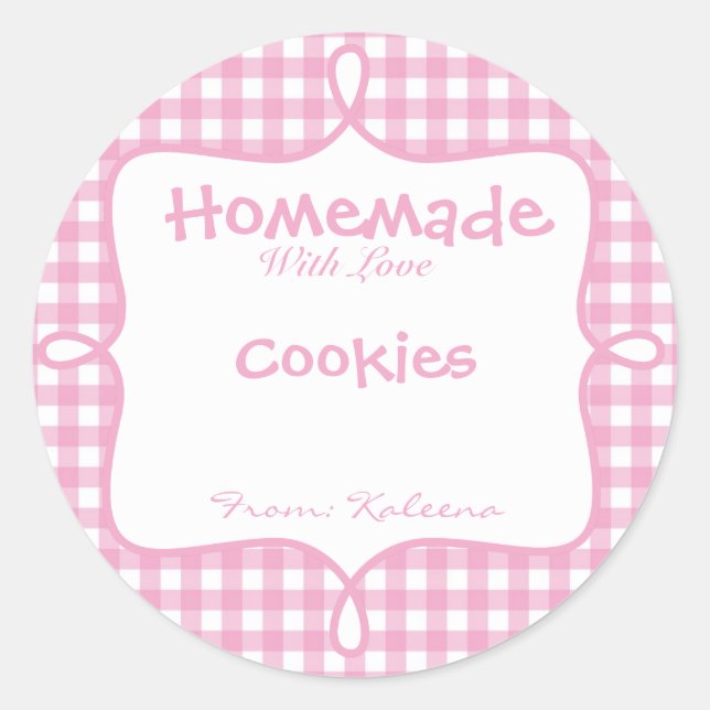 Hausgemacht mit Liebe Pink Gingham Runder Aufkleber (Vorderseite)