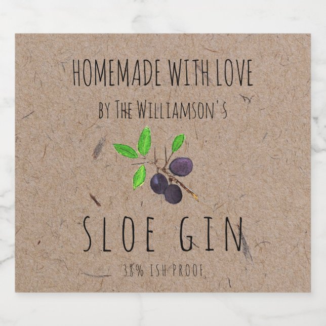Hausgemacht mit Liebe Sloe Gin Kraft Papier Alkoholflaschenetikett (Einzelnes Label)