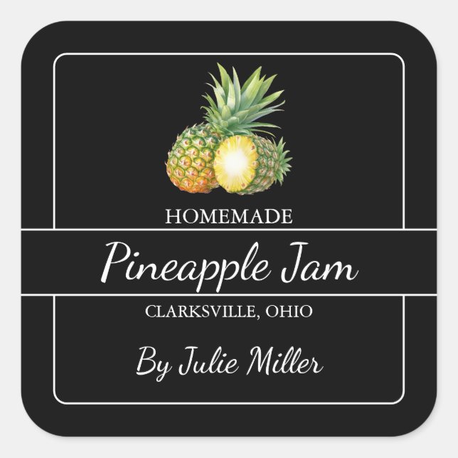 Hausgemachte Ananas-Marmelade-Platz-Etikett Schwar Quadratischer Aufkleber (Vorderseite)