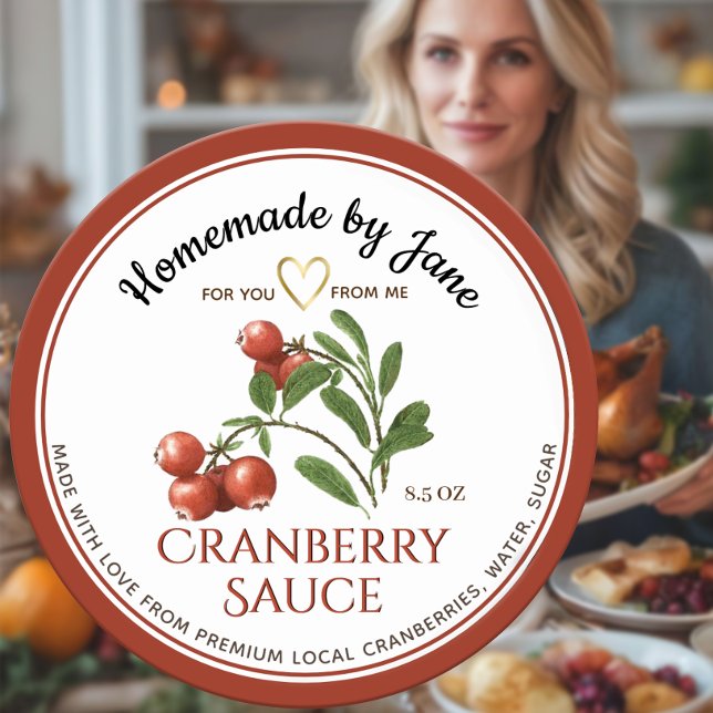 Hausgemachte CRANBERRY Sauce Red Border Gold Herz Runder Aufkleber (Von Creator hochgeladen)