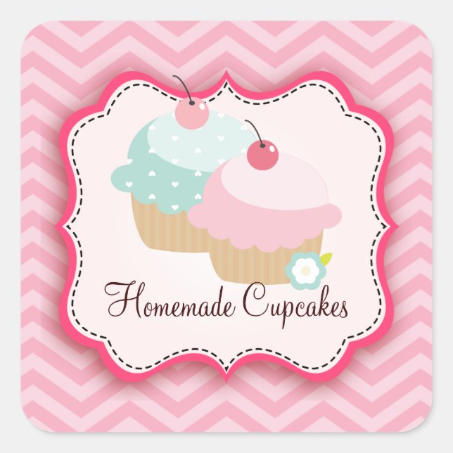 Hausgemachte Cupcakes Personalisierte Labels Quadratischer Aufkleber (Vorderseite)