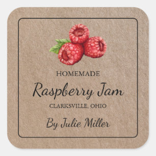 Hausgemachte Himbeere Jam Square Kraft Papier Etik Quadratischer Aufkleber