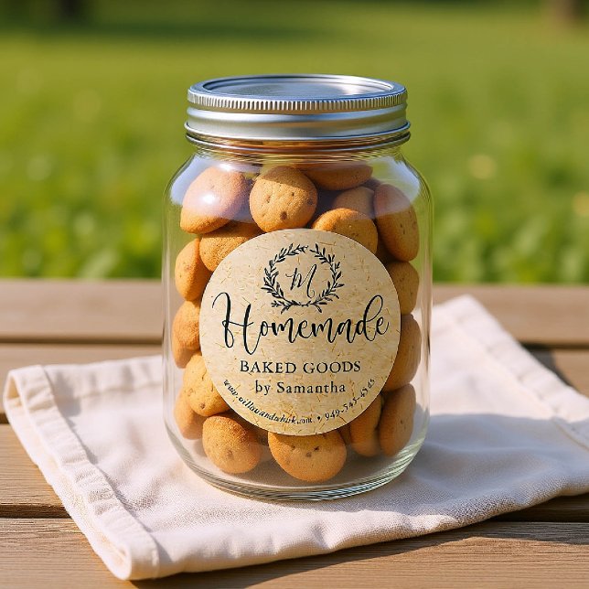 Hausgemachte Laurel Kraft Custom Product Packaging Runder Aufkleber (custom packaging label homemade round botanical business drink food gift kraft black laurel monogram)