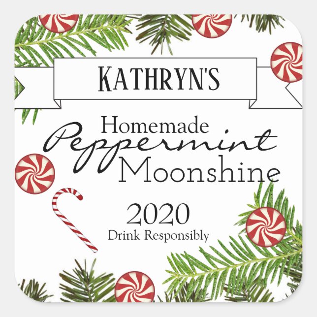 Hausgemachte Peppermint Moonshine Personalisiert Quadratischer Aufkleber (Vorderseite)