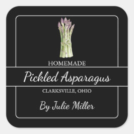 Hausgemachte Pickled Asparagus Square Label Black Quadratischer Aufkleber