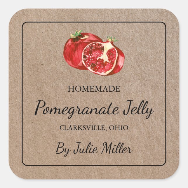 Hausgemachte Pomegranate-Square-Etikette Quadratischer Aufkleber (Vorderseite)
